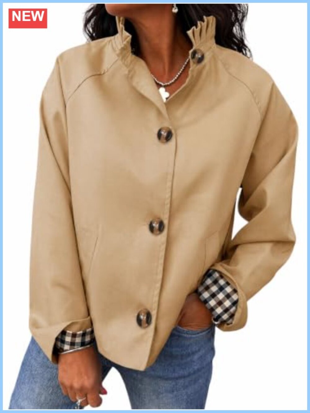 Women's Ruffle Sleeve Trench Coat Cropped Lightweight Single Breasted Jacket